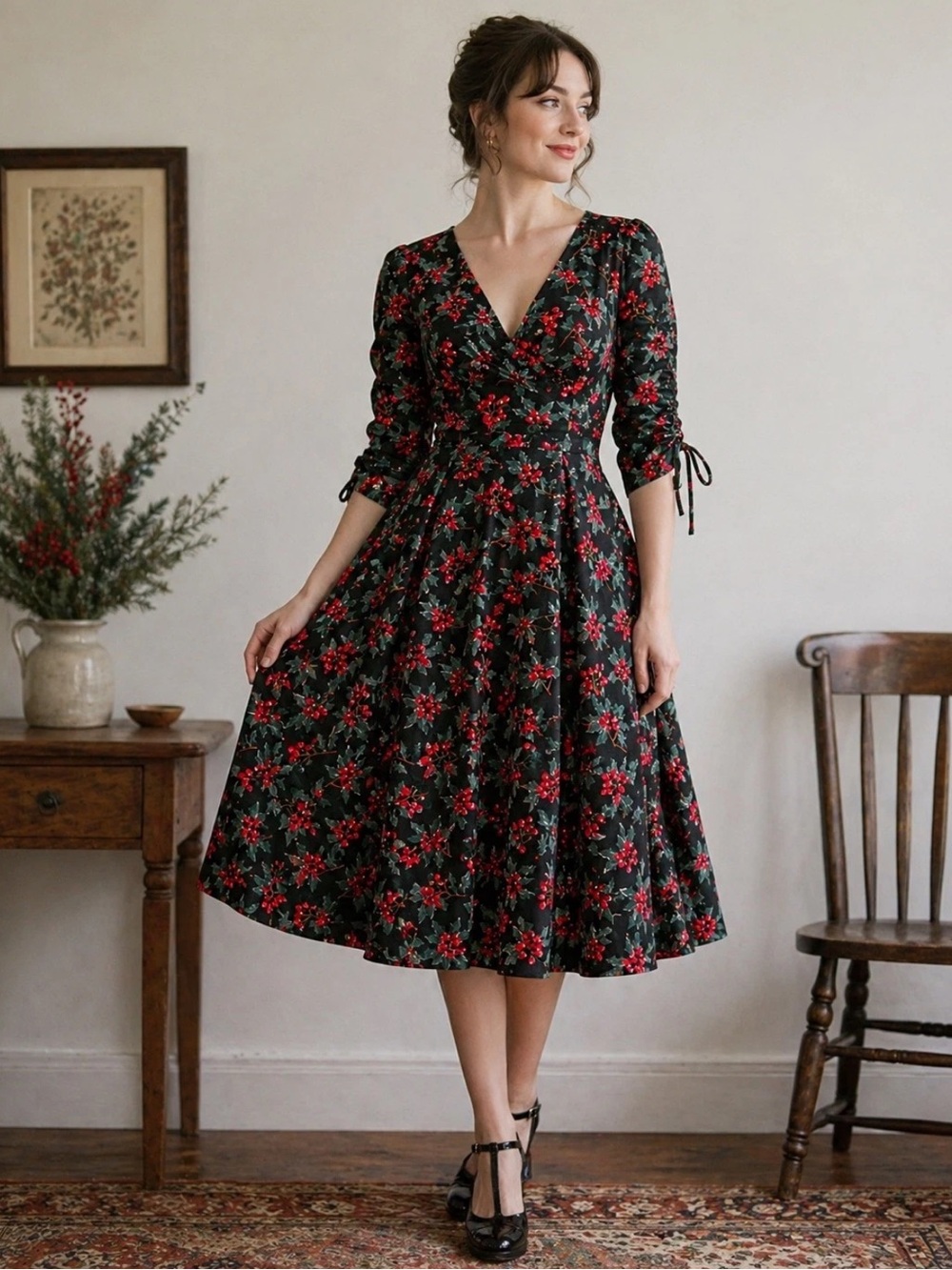 NEW Collectif London Tricia Christmas Holiday Holly Berry Swing Dress -Size US 0